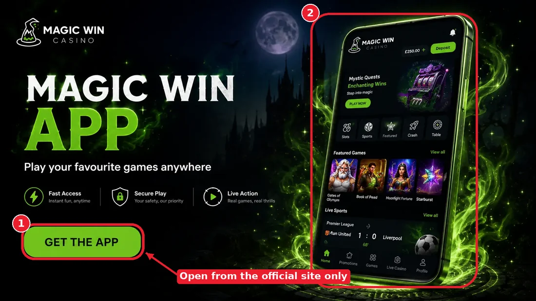 Magicwin mobile app banner with the get-the-app button highlighted