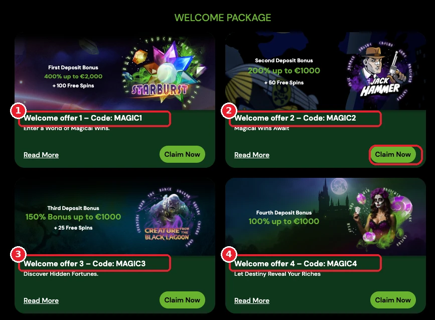 Magicwin welcome package page with bonus codes MAGIC1 to MAGIC4 highlighted