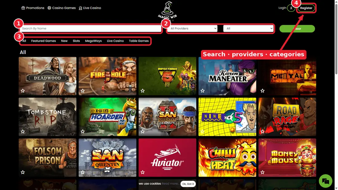 Magicwin game lobby with search, provider filter and categories highlighted