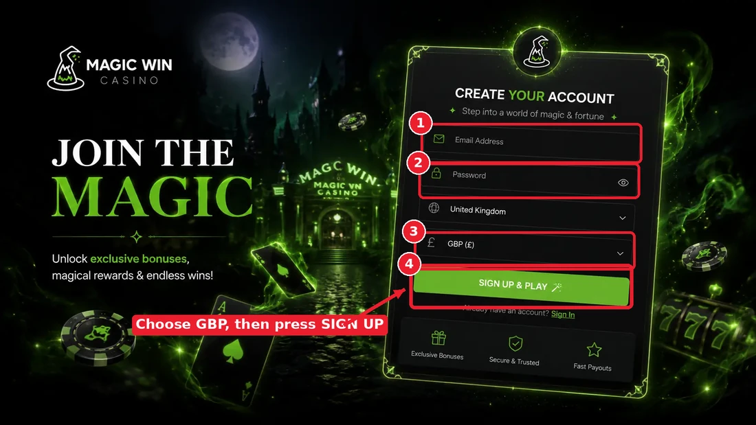 Magicwin registration form with email, password, GBP currency and sign-up button highlighted