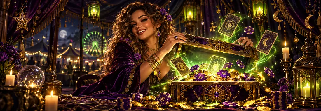 Woman opening a treasure chest full of casino chips and coins
