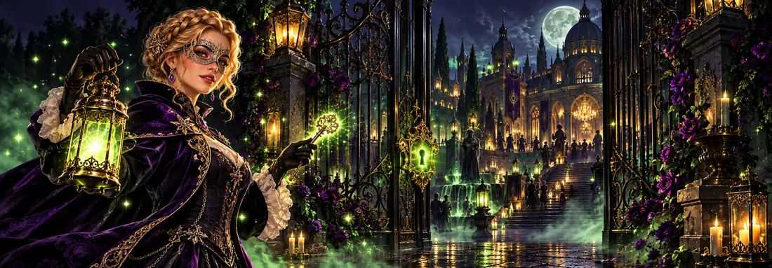 Masked woman with a lantern and a glowing key at the gates of a night palace