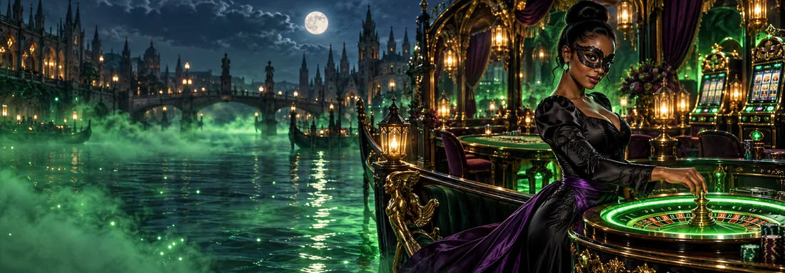 Masked woman at a glowing roulette table by a moonlit canal