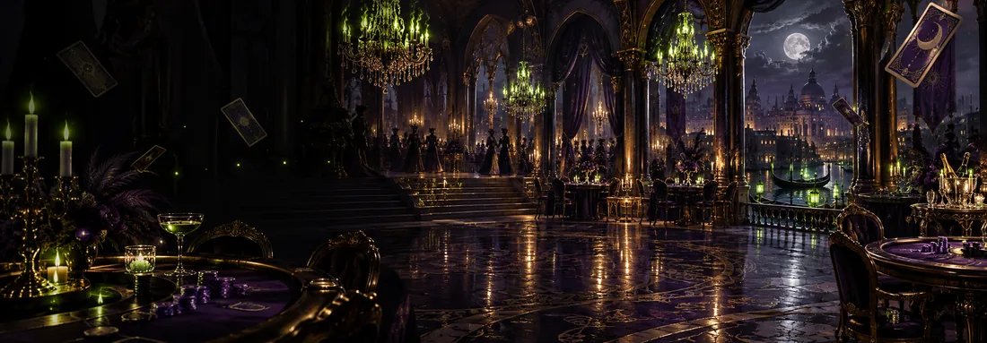 Candle-lit masquerade hall with betting tables